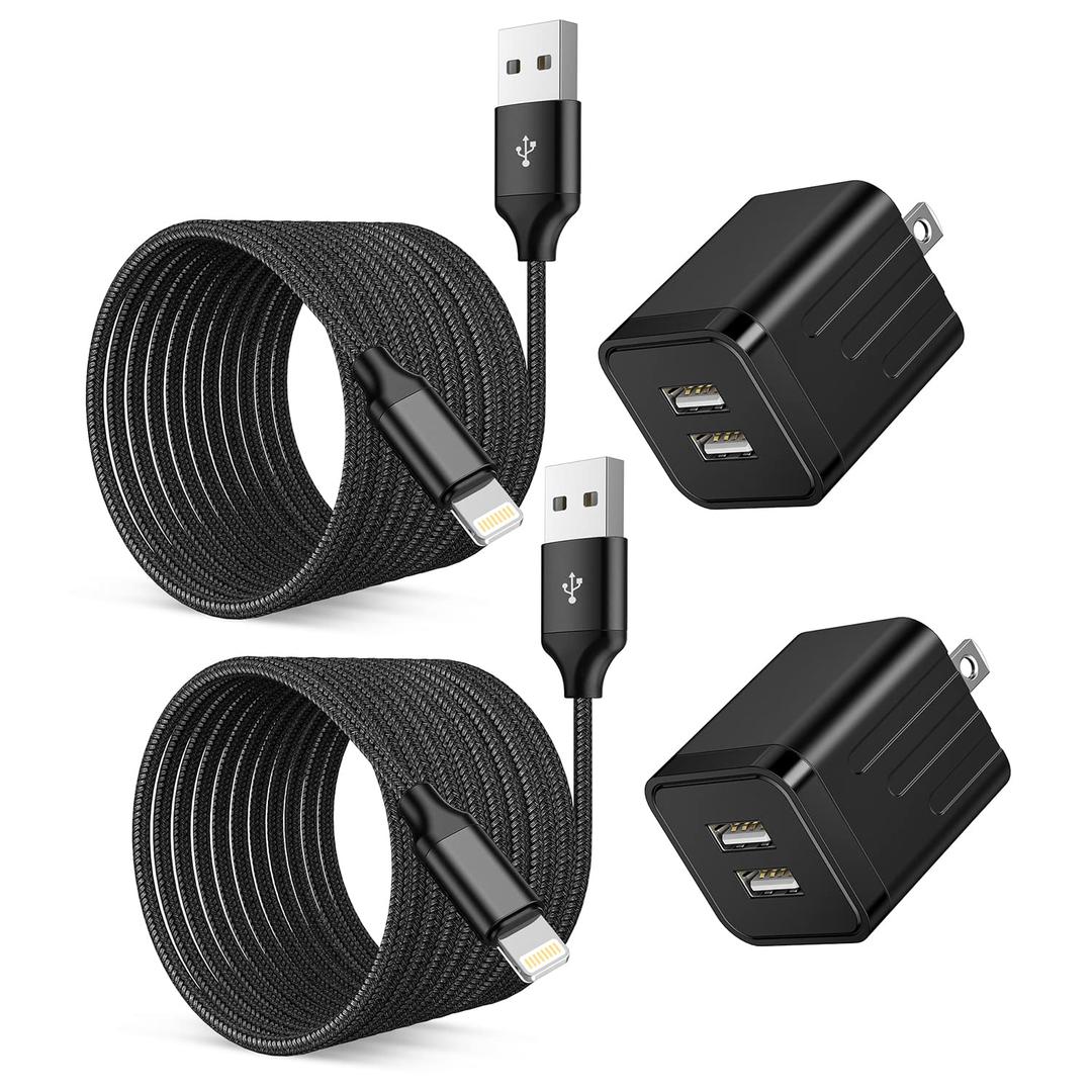 iPhone Fast Charger,2Pack 10FT iPhone Charge 2.1A Dual Port USB Wall Charger Block Plug Adapter with Long Fast Charging Lightning Braided Cable Cord for iPhone 14 13 12 11 Pro Max XS XR 8 7 Plus iPad (Black)