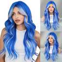 Blue Platinum Blonde Highlight Long Wavy Wig with Curtain Bang 26 Inch Ombre Blue Blonde Wig Synthetic Heat Resistant for Women Daily Party used.