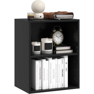 Tangkula 2-Tier Bookshelf, Open Shelf Bookcase with 7-Position Adjustable Shelf, Multifunctional Wooden Cubby Storage Display Shelf for Home Office Study Living Room (Black, 1)