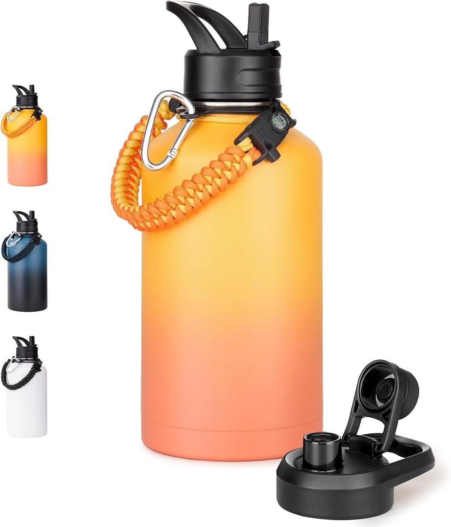 Half Gallon Water Bottle with 2 Lids (Straw & Spout), 304 Stainless Steel Sports Insulated Bottle with Handle, 64 oz Vacuum Double Walled Water Jug with Wide Mouth, BPA Free, Yellow&Orange