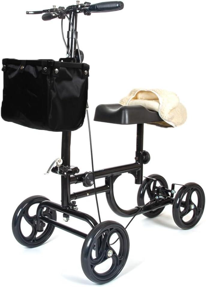 BodyMed Knee Walker for Injuries with Dual Brakes, Detachable Fabric Basket & Knee Pad Cover - Collapsible and Adjustable Scooter, Broken Leg Caddy, Alternative to Crutches