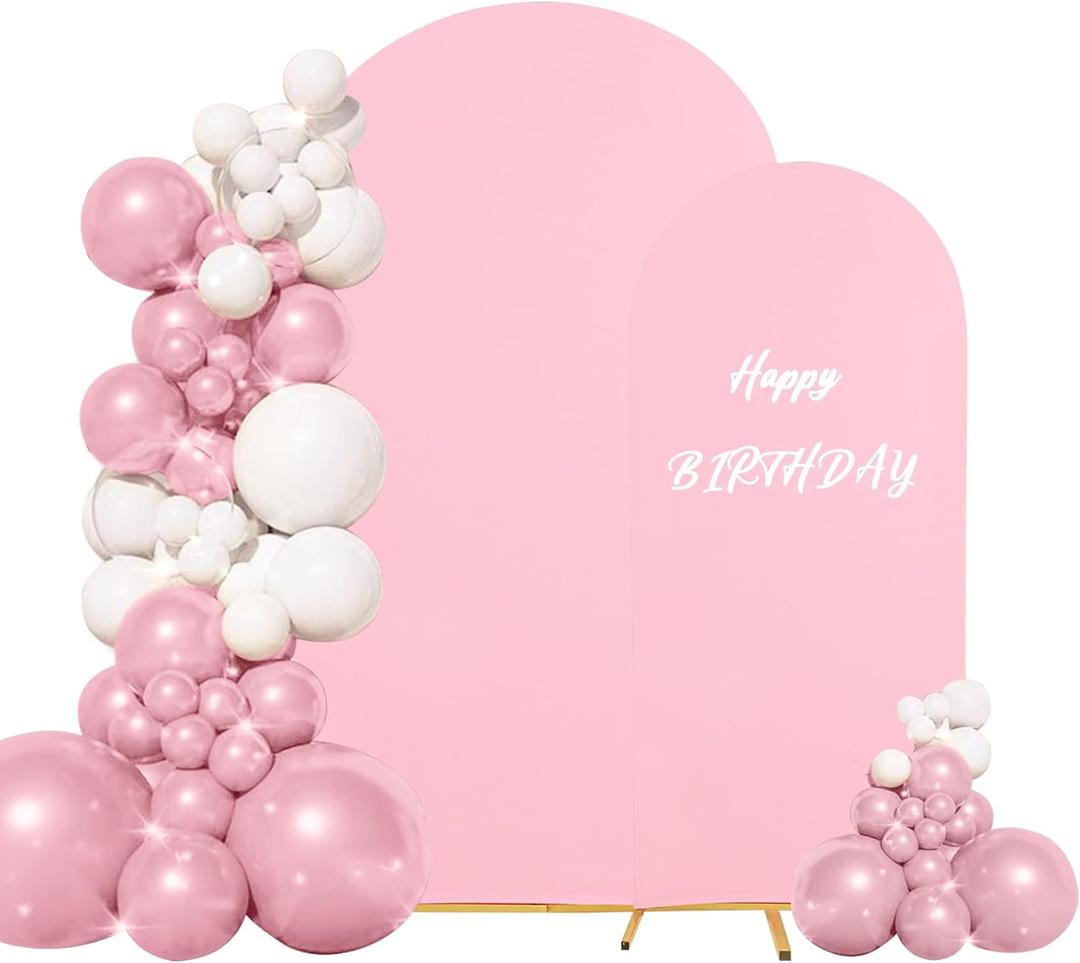 Set of 2 Wedding Arch Cover 2-Sided Round Top Spandex Fitted Arch Backdrop Cover for Birthday Party Baby Shower Wedding Arch Stand Decor7.2FT, 6FT, Pink