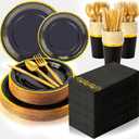 meekoo 350 Pcs Black Party Dinnerware Set Disposable Paper Plates for 50 Guests 9in and 7in Dinner Dessert Plates Napkins Gold Rim Plastic Cups Knives Forks Spoons for Party Wedding(Round)