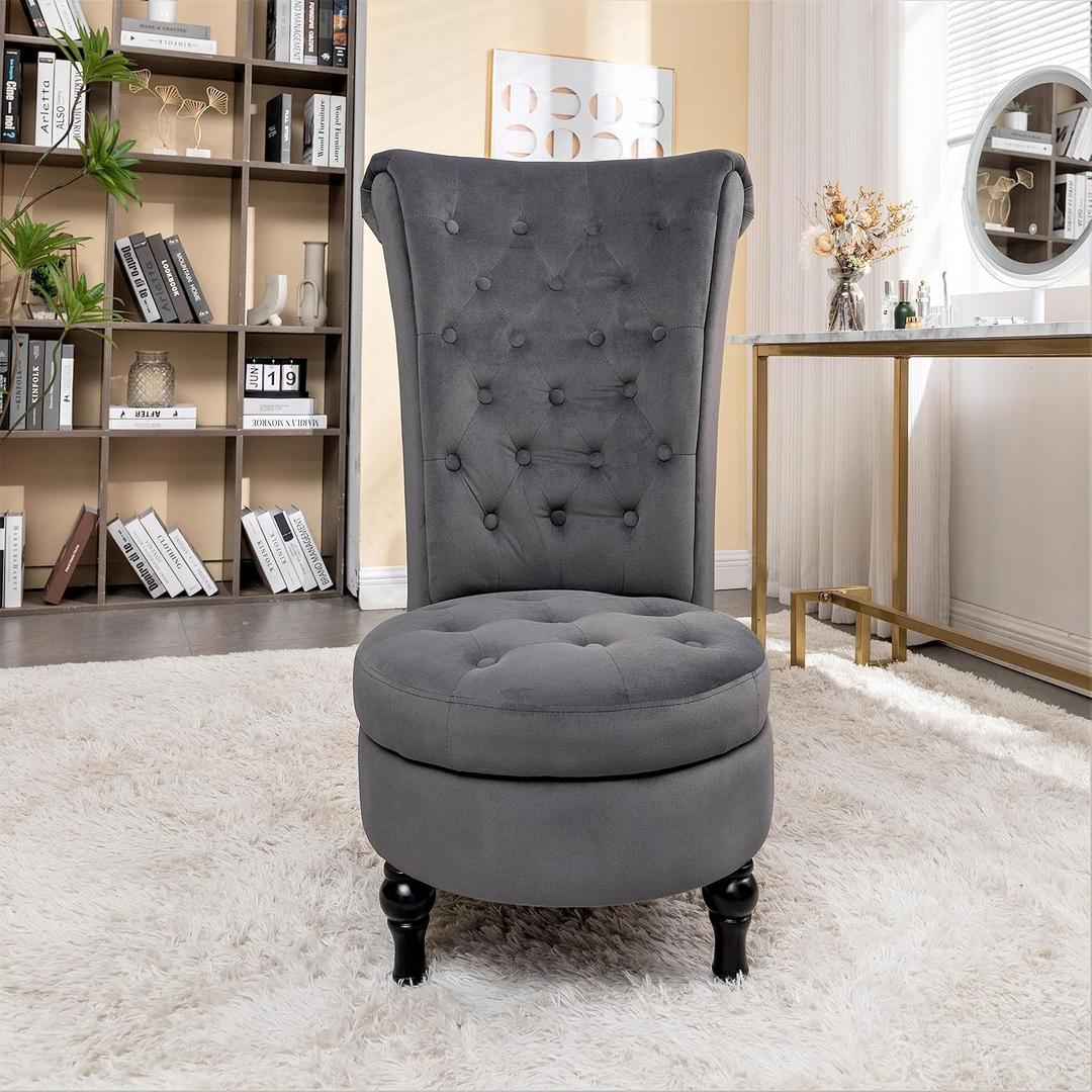Royal High-Back Velvet Accent Chair for Vanity with Storage and Luxurious Upholstery, Retro Design and Versatile Usage for Livingroom, Bedroom, Lounge and Office, Grey