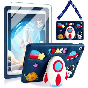 for iPad 9th Generation Case iPad 10.2 Case for Kids with Screen Protector, Kickstand, Shoulder Strap Cute Rocket Stand Silicone Protective Cover for iPad 9th 8th 7th Gen 2021 2020 2019, Blue