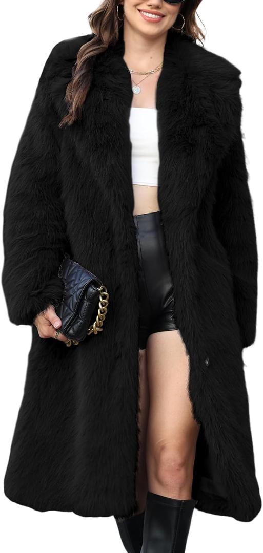 Gihuo Women' s Faux Fur Coat Lapel Collar Long Sleeve Furry Jacket Long Shaggy Jackets Open Front Warm Outerwear (Medium, Black)