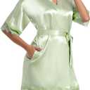 Women's Lace Trim Kimono Robe Bride Bridesmaids Wedding Shower Satin Short Robe Bridal Party Nightgown (Saage Green, S)