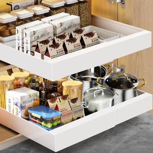 2-Pack Expandable Pull Out Cabinet Organizer,21"Deep Cabinet Organizer for Kitchen Cabinets with Raising Pad for Framed Cabinets, Adhesive Drawers for Bathroom Bedroom Pantry, 12"-20.5"W