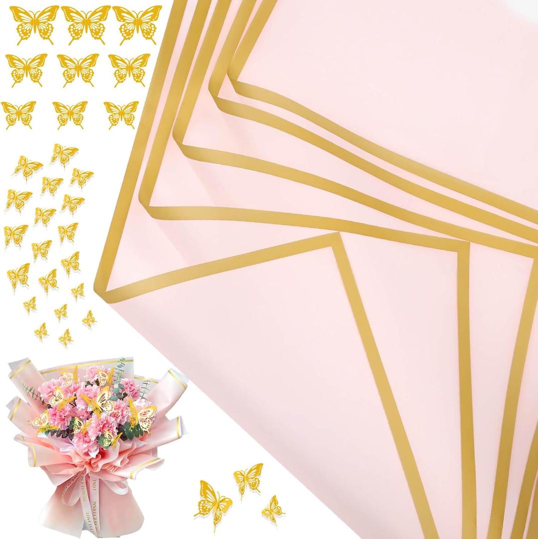 cridoz 20 Sheets Flower Bouquet Wrapping Paper with 12 Pieces Gold Butterfly Decorations for Flower Bouquets, Waterproof Floral Bouquet Wrapping Paper for Flower, Gift Wrapping(Pink)