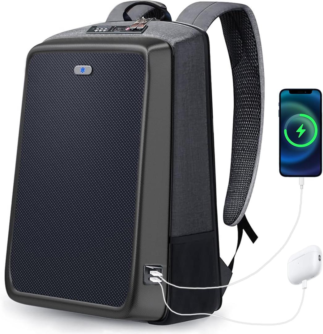 Solar Panel Travel Backpack Fits 15.6 Inch with Multiple USB Fast Charging, Lightweight Tech Backpack, TSA Friendly Airline CarryOn Compliant, Waterproof Anti-Theft Bag for Work Travel
