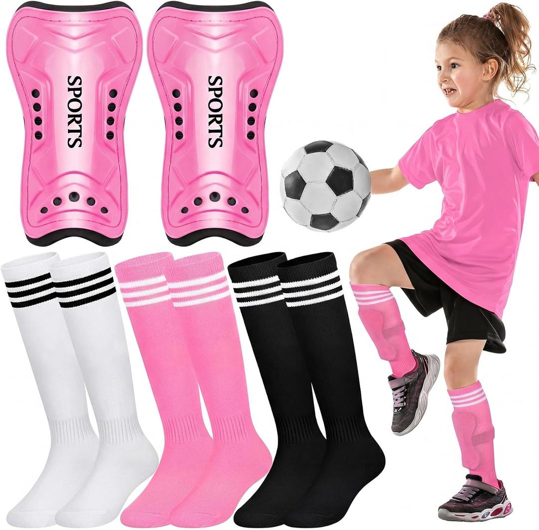 Liliful 4 Pcs Soccer Shin Guards Set for Girl Kids Youth Include 1 Shin Guards & 3 Sport Socks Protective Lightweight Gear Leg Pads Gear for 3-15 Girls Boy Children Teens