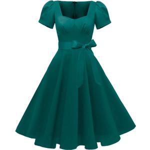 GOOBGS Women's 1950s Vintage Puff Sleeves Cocktail Rockabilly Swing Retro Dress with Pockets New (Green, Small )