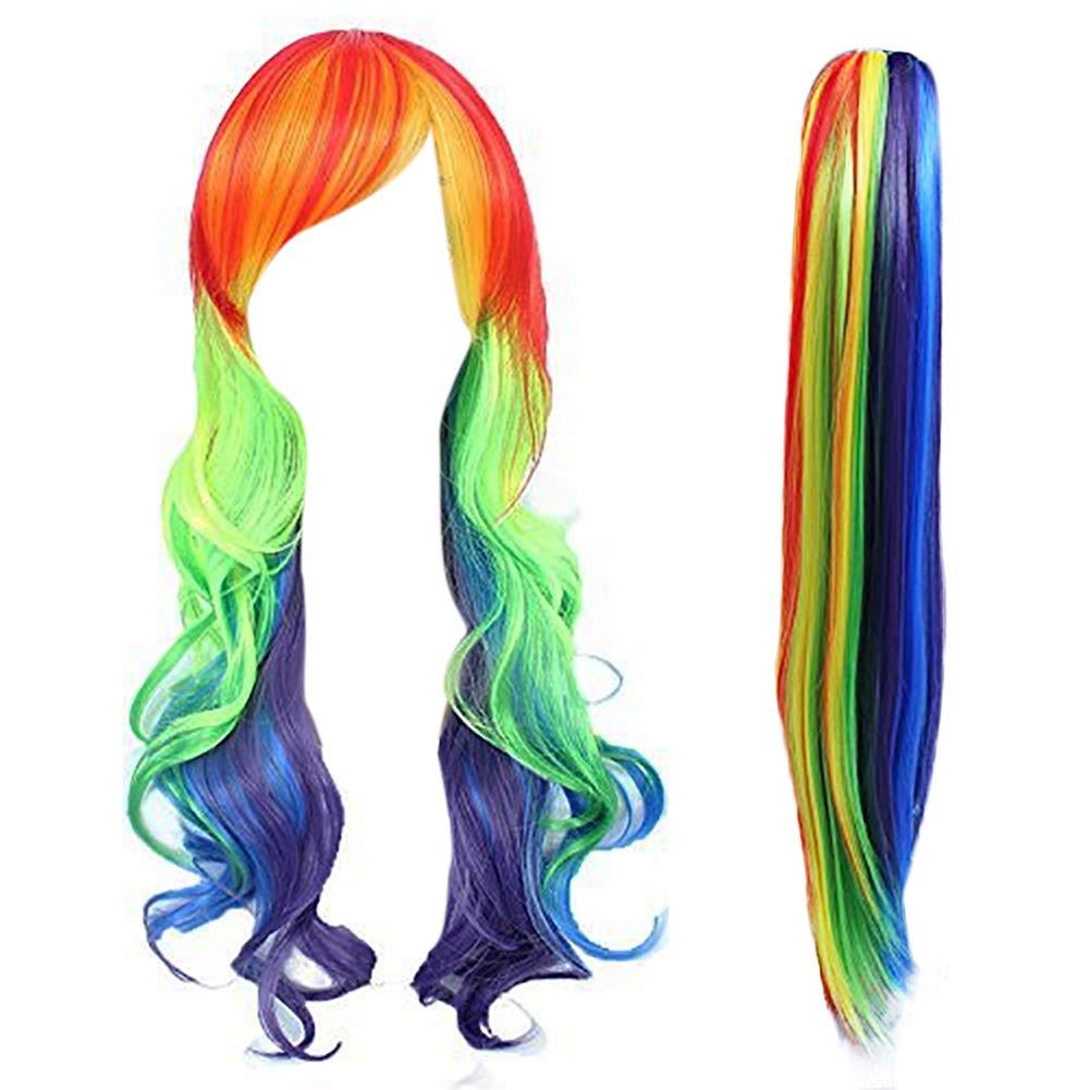 ANOGOL Hair Cap+ Rainbow Wig with Tail Long Straight Colorful Synthetic Wigs for Women Men Multi-Colored Scene Wigs for Anime Cosplay Halloween Costume Christmas Party Outfit Mardi Gras Wig