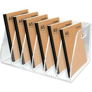 6-Tier Clear Acrylic File Holder, Vertical Document Organizer for Magazines, Binders, Notebooks & Envelopes - Multi-Purpose Desk Storage for Home OfficeB5,6 Sections