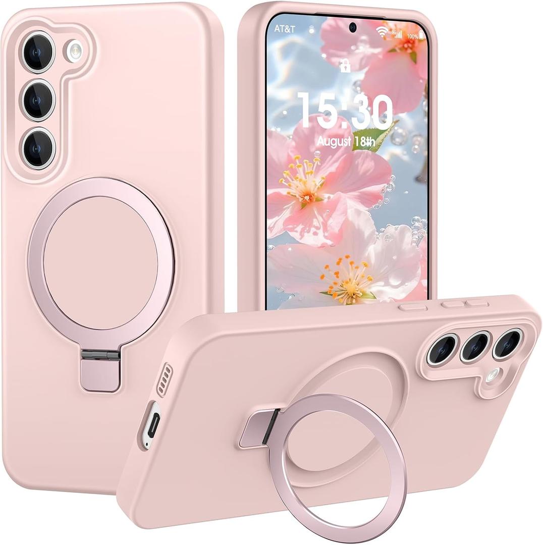 Liquid Silicone Case for Samsung Galaxy S23 with Magnetic Stand, Mil-Grade Drop Shockproof, Full Camera Protection Anti-Scratch Microfiber Lining Silicone Phone case, Pink