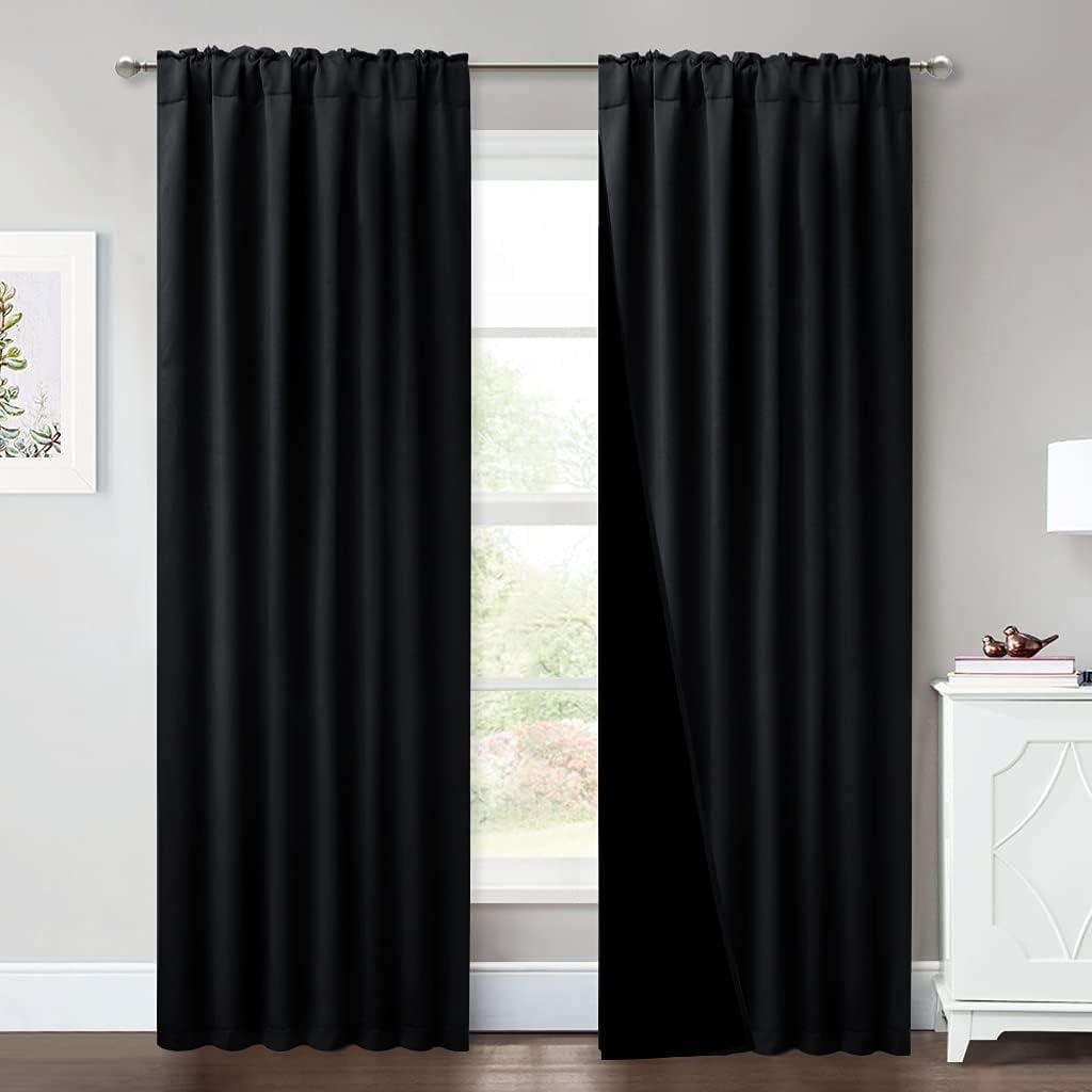 NICETOWN Black Full Shade Curtain Panels, Pair of Energy Smart & Noise Blocking Out Blackout Drapes for Sliding Glass Door, Thermal Insulated Guest Room Lined Window Dressing (Black, 52 x 84 inch)