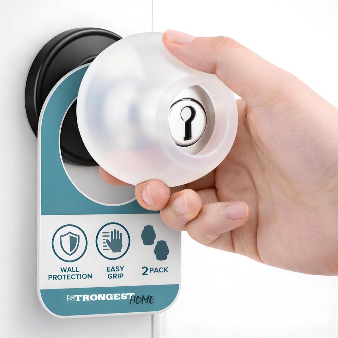 STRONGEST HOME Clear Silicone Door Knob Cover & Wall Protector  Soft Rubber Handle Grip for Arthritis Support and Quiet Damage Prevention (2 Pack)