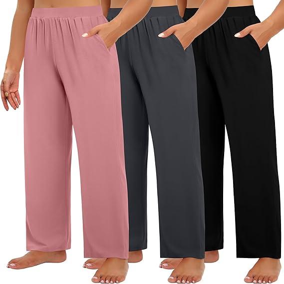 2 Pack Women's Wide Leg Pants with Pockets - Casual Loose Yoga Trouser Pants Sweatpants Palazzo Lounge Pajama Pants Small