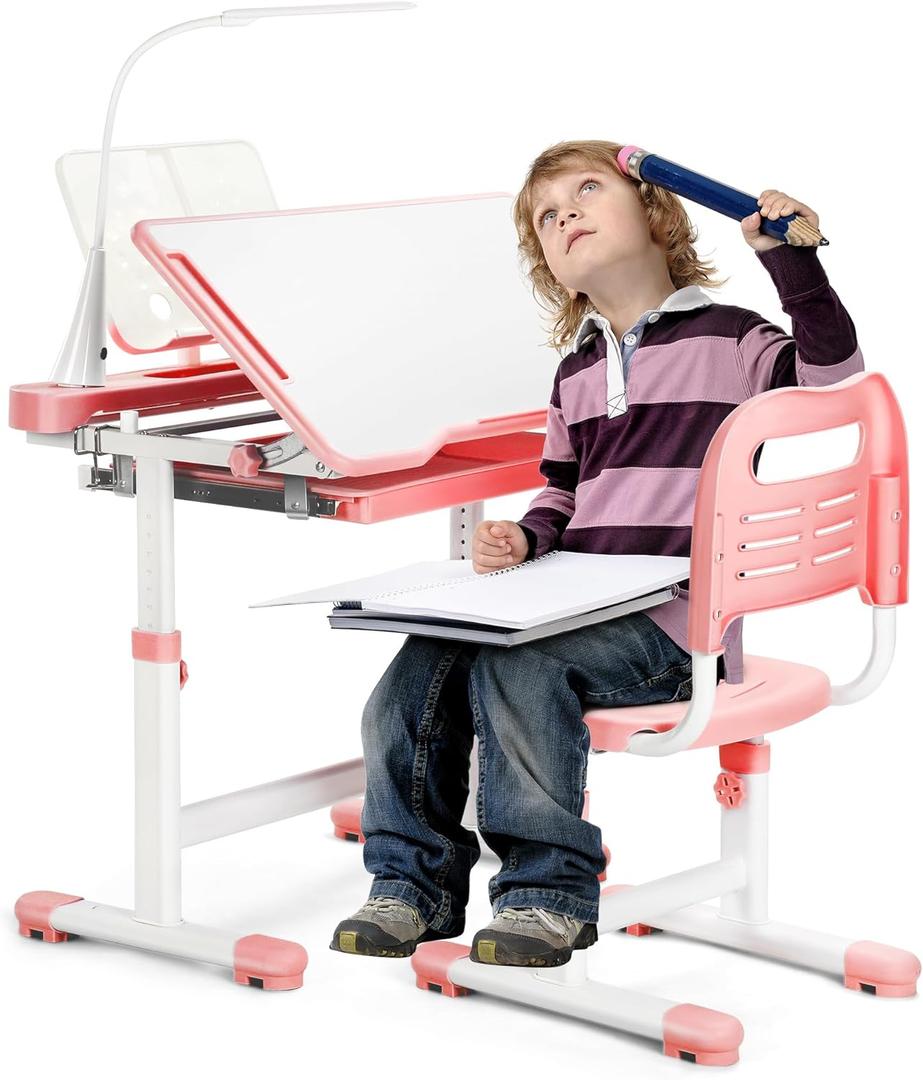 Rengue Kids Desk and Chair Set Height Adjustable School Study Desk and Chair with 55 Tiltable Desktop, 3 Modes&3 Brightness LED Lamps, Storage Drawer and Metal Hook for Boys Girls, Pink