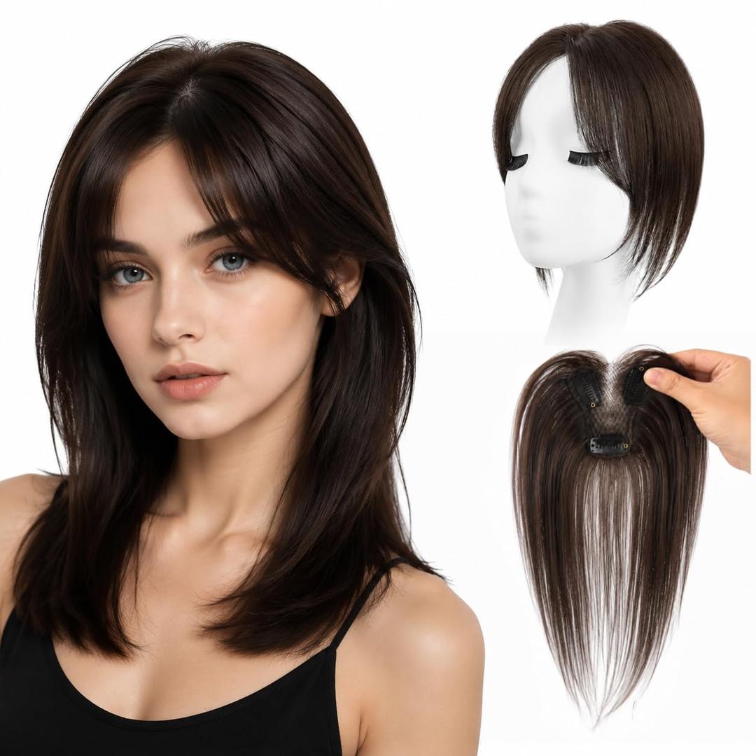Human Hair Topper for Women Thinning Hair V-Shaped Brown Half Lace Base (6x8cm) Clip-in Front Hairline Topper 10" Trimmable Wispy Bangs for Natural Volume (Half Lace-Brown no Bangs)