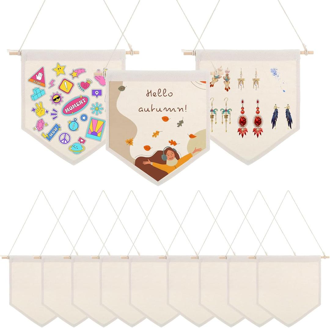 12PCS Blank Canvas Flag, Natural Canvas Banner Wall Hanging with Wooden Dowel for DIY Pin Display, Paint Decorations, Enamel Badge Collection (10.4" x 9.44")