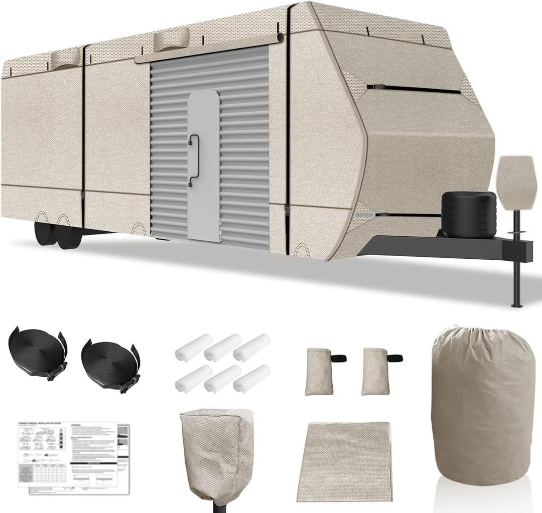 RV Cover 28 ft Travel Trailer Cover, Truck Camper Cover 26' to 28',7 Layers Camper Cover Windproof Waterproof Anti-uv Prevent with Adhesive Repair Patches Beige Heavy Duty