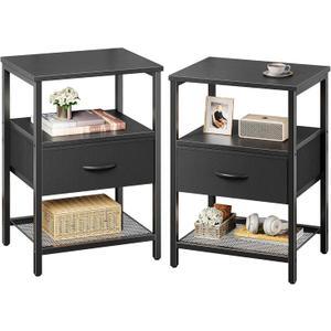 Huuger Nightstand Set of 1, Night Stand with Fabric Drawer, Mesh Shelf, Side Table with Storage, Fabric Drawer Dresser, Open Shelf, Metal Frame, Bedroom, Black