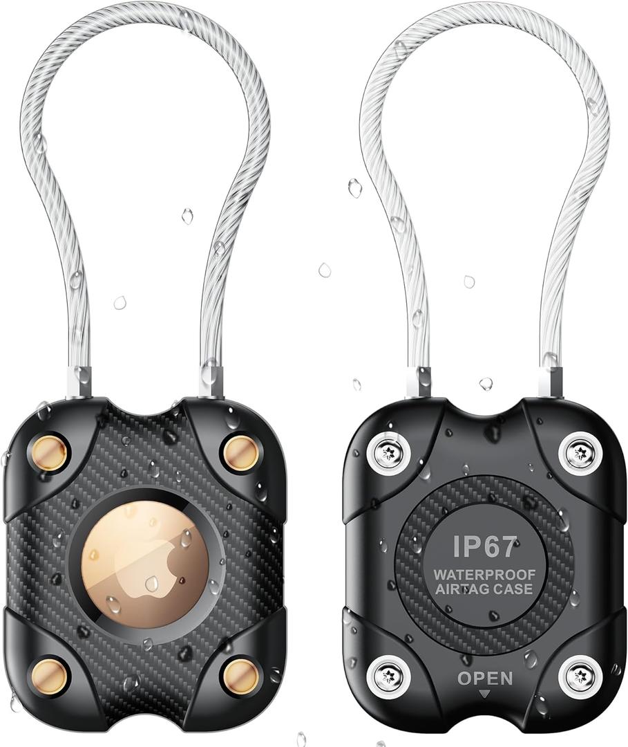 2 Pack Airtag Holder with Wire Cable, Secure Lock Airtag Keychain,IPX7 Waterproof,360Hard Protective Air Tag Case Holder for Apple Air tag for Key Chain,Key Ring,Car,Luggage (Black)