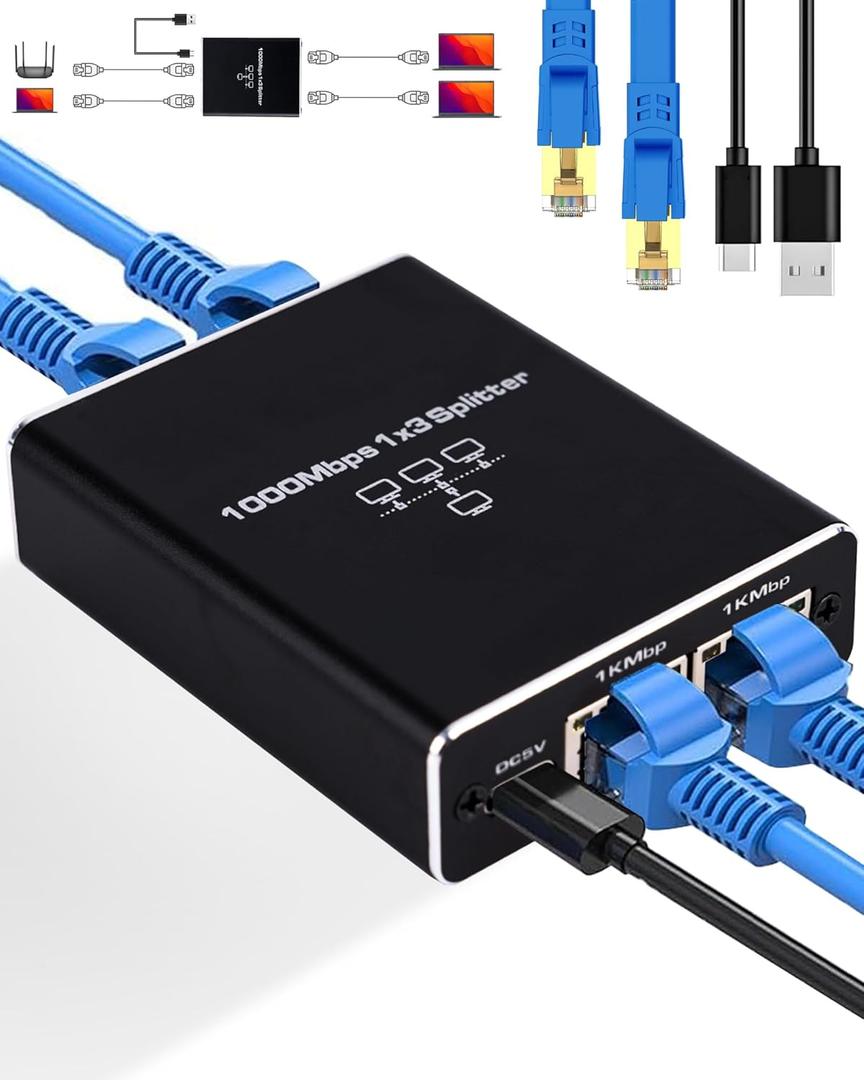 Ethernet Splitter 1 to 3, 1000Mbps High Speed Ethernet Cable Splitter with LAN Cable Cat 6 [3 Devices Simultaneous Networking], Gigabit RJ45 LAN Network Extension for Cat8/7/6/5e/5 Cable