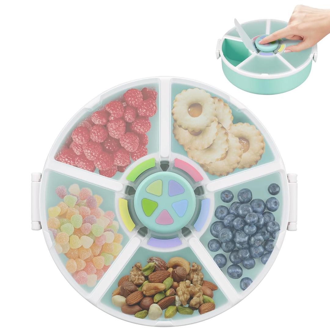 Pawtong Snack Rotator Container Reusable Snack Box with 5 Compartment Dispenser and Lid, Color Matching Opening Lid, BPA and PVC Free, for Home, School, Travel (1 Pack- Green)