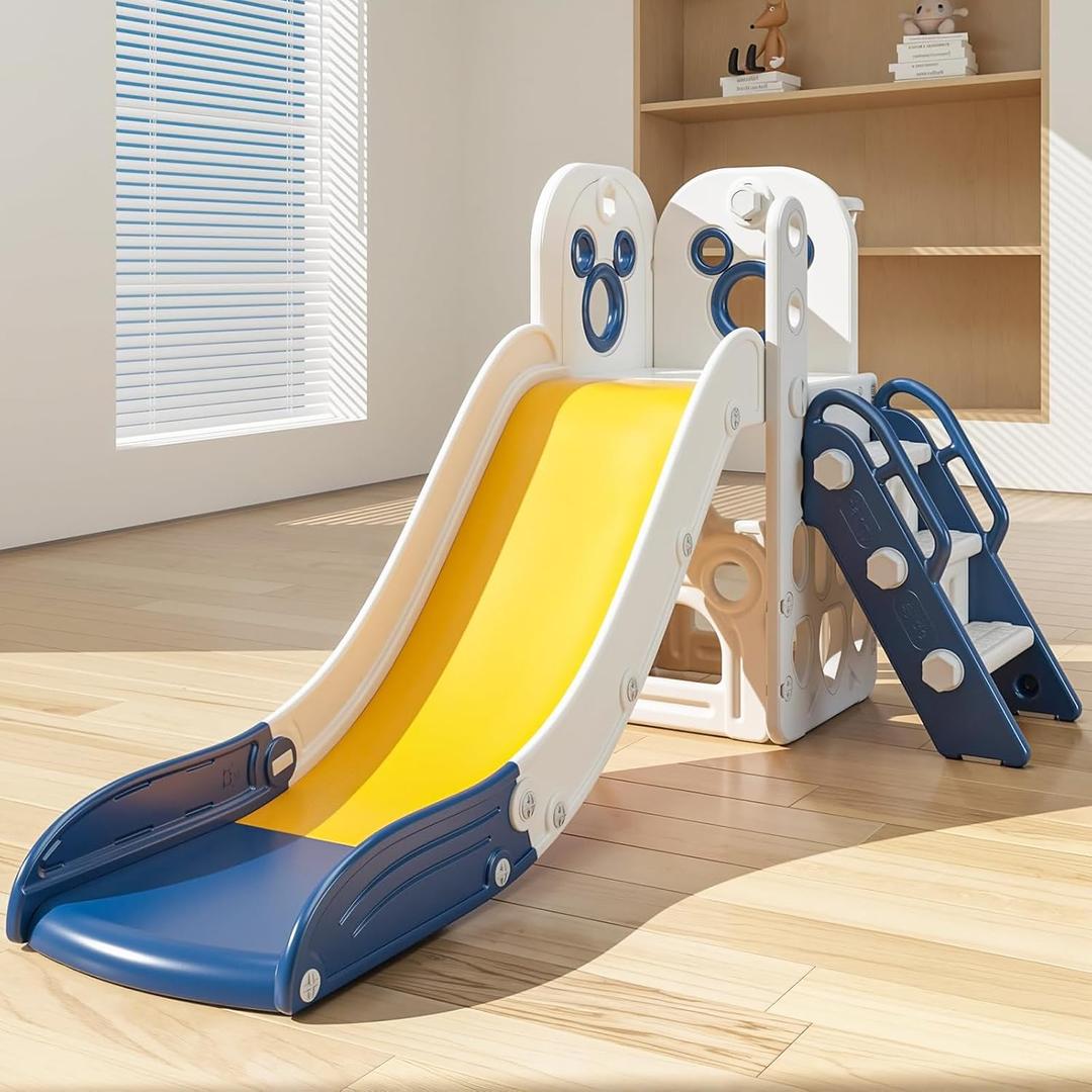 Toddler Slide L-Shaped, 5 in 1 Kids Slide Climber for Toddler, with Ball & Hoop, Indoor Outdoor Baby Playset, Anti-Slip, 65IN/165CM,Toy Storage, Ideal for Boys Girls Birthday