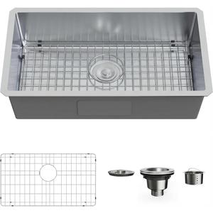 30-inch Undermount Single Bowel Kitchen Sink,16 Gauge Stainless Steel Sink, Handmade 30” x 18" Deep Basin,Drain Kit Brushed