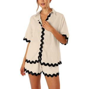 Women's Short Sets 2 Piece Outfits Summer Short Slevee Two Piece Button Shirt and Shorts Lounge Pajamas Set (Apricot) S