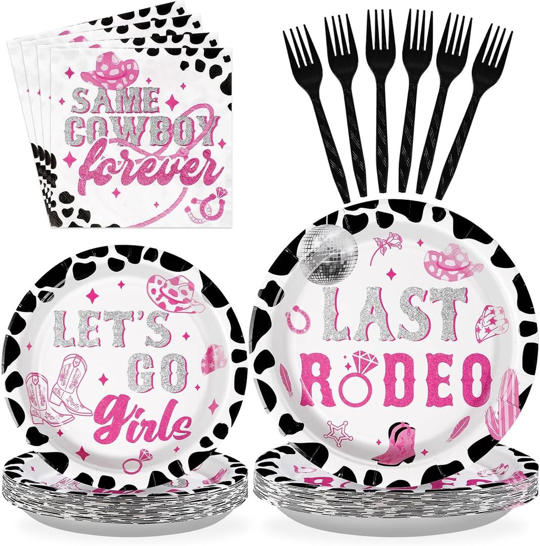96Pcs Last Rodeo Bachelorette Party Decorations Pink & Silver Disco Cowgirl Plates and Napkins Let's Go Girls Party Decorations for Nashville Western Bridal Baby Shower Birthday Supplies,Serves 24