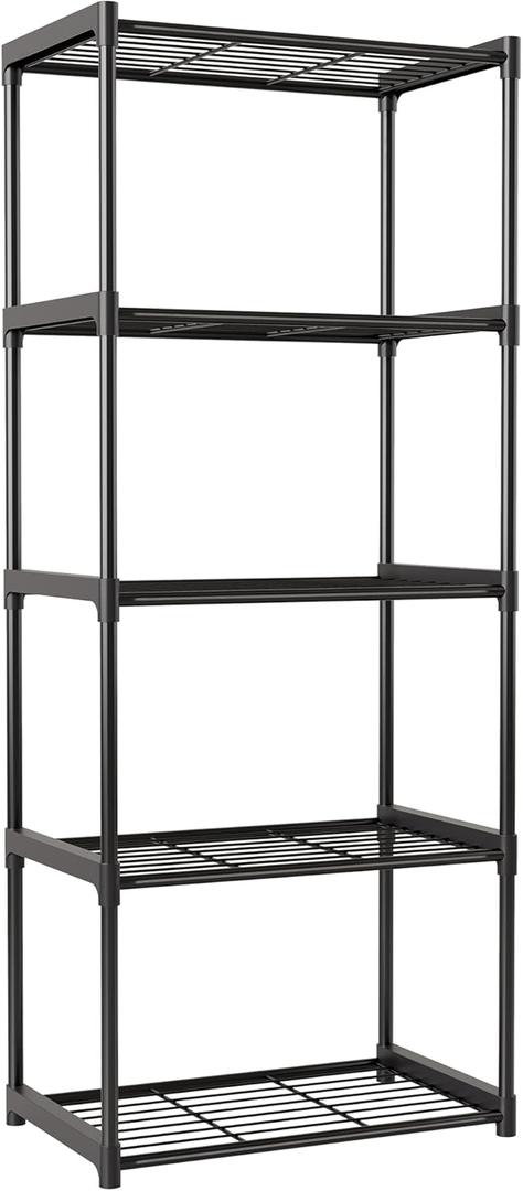 5-Tier Storage Shelves with Plastic Connectors Metal Shelf Organizer for Pantry, Closet & Bathroom, Space-Saving Sturdy Shelving Unit Rack, Black, 17.3" x 12.8" x 56.7"