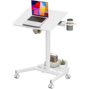 JYLH JOYSEEKER Mobile Standing Desk with Storage Base, 60° Tiltable Rolling Laptop Desk, Height Adjustable Portable Table with 4 Lockable Wheels for Home Office, White