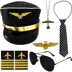6 Pcs Airline Pilot Captain Costume Kit with Aviator Sunglasses,Airline Pilot Captain Hat Costume Accessories for Halloween Party Cosplay Supplies