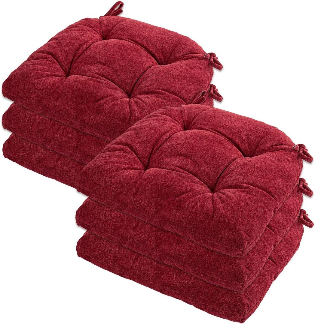 GYALAPERI Chair Cushions for Dining Chairs Set of 6, Tufted Textured and Non-Slip Kitchen Chair Cushions Pads with Ties, Seat Cushions for Kitchen Patio Office Chairs, Wine Red