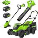 Greenworks 48V (24V x 2) 17" Brushless Mower+12" String Trimmer +320CFM Blower,(2) 4.0Ah Batteries and 2A Dual Port Charger