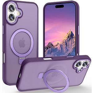 Magnetic for iPhone 16 Case with Ring Stand, [10 FT Drop Protection] [Velvety Touch] Slim Translucent Matte Back Shockproof Phone Case for iPhone 16 6.1'', Dark Purple