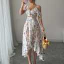 Women's Print Dress Ruffle Bodycon Deep V Neck Off-The-Shoulder Slit Dress 2025 Summer Casual Club Party Daily White Small