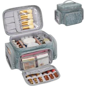 Bagmoly Large Makeup Bag, Portable Travel Makeup Bag Organizer for Women Girls with Makeup Brush Compartment & Two Side Pockets, Cosmetic Travel Bag Vertical Storage Toiletry - Floral Blue