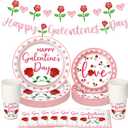 Pickmesh Galentines Day Decorations 97 Pcs Pink Rose Glitter Happy Galentine's Day Decorations Set Include Banner, Plates, Napkins, Cups Heart Banner for Ladies Gang Valentines Party Serve 24
