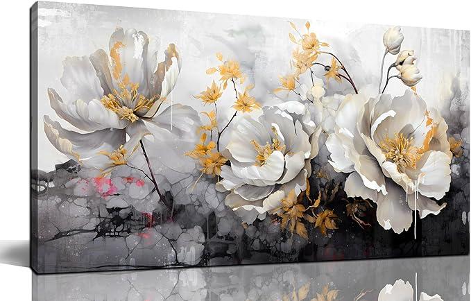 Flower Wall Art for Bedroom, Peony Canvas Wall Decor for Living Room, Black White and Gold Picture Print, Size 40x20 Inches