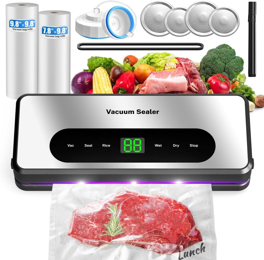 Vacuum Sealer Machine with UV-C Light, Includes Mason Jar Sealer Kit and 2 Bag Rolls, Digital Display & Built-in Cutter, Fully Automatic Dry & Moist Modes, Compact for Food Storage and Sous Vide (Silver)