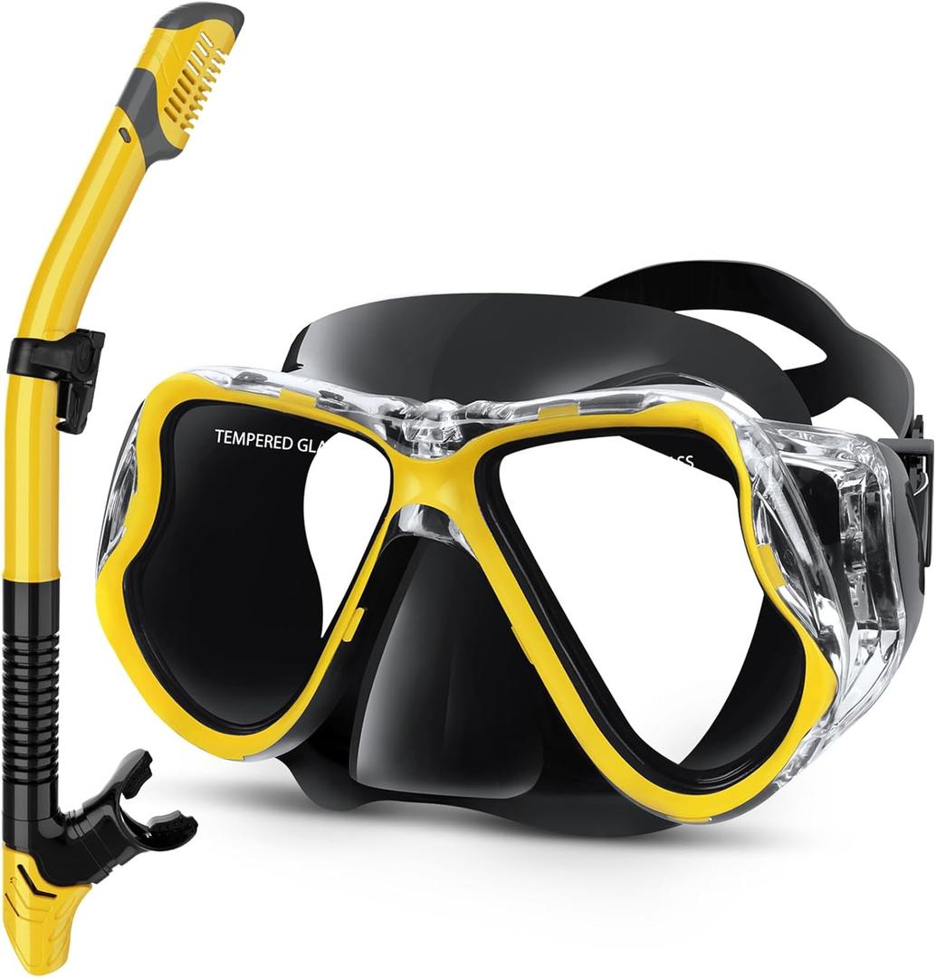 Greatever Dry Snorkel Set,Panoramic Wide View Anti-Fog Scuba Diving Mask,Professional Snorkeling Gear for Adults Kids (Small, Black Yellow)