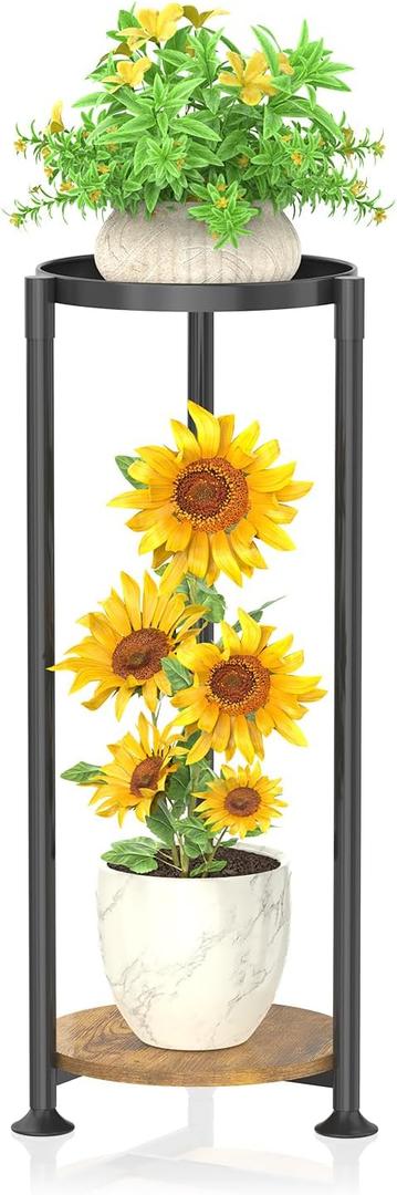 KMOTASUO 2 Tier Black Plant Stand Indoor for Large Tall Heavy Duty Planter, Multiple Sturdy Metal Flower Corner Rack for Narrow House Floor, Iron Vertical Level Round Orchi Holder Organizer, Modern