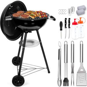 Joyfair 18In Charcoal Grill Set(18Pcs), Outdoor Camping Kettle Barbecue Grill & Grilling Accessories, Include Spatula, Food Tong, Brush and More Tool, 250.SQ.IN Cooking Area, Heavy Duty & Portable