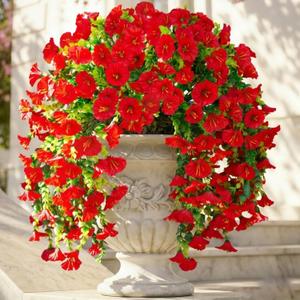 Ivydale 2 PCS Artificial Hanging Flowers Fake Plants Outdoor,Silk Morning Glory Faux Flowers with Eucalyptus Leaves,UV Resistant Realistic Hanging Petunias Plants for Home Garden Decor (Red)