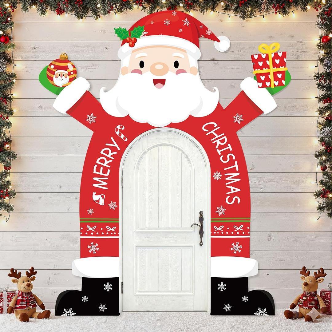 Christmas Door Banner for Outside Christmas Theme Porch Sign Front Door Banner Xmas Large Santa Shaped Hanging Cover Backdrop for Home Indoor Outdoor Holiday Winter Party Decor